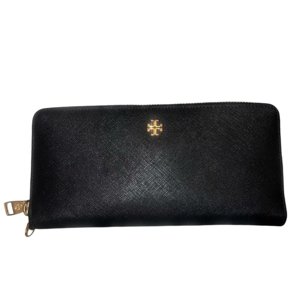 EUC Tory Burch Black Saffiano Leather Zip Around Long Wallet Gold Hardware